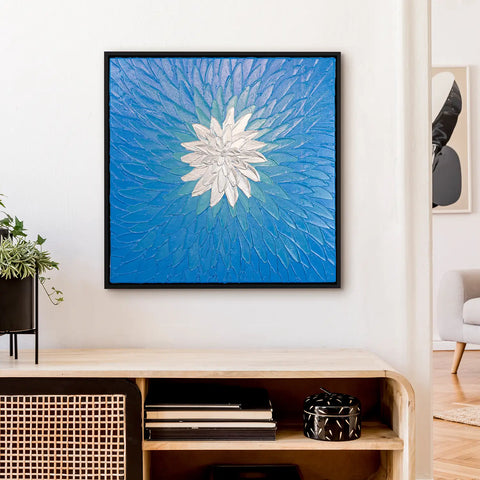 Leinwandbild handgemalt mit Acrylfarbe und Strukturpaste im Quadratisch, Geist der Freiheit, 120x120 mit Bilderrahmen in Eiche Hell