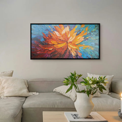 Leinwandbild handgemalt mit Acrylfarbe und Strukturpaste im Panorama, Balance im Chaos, 80x160 mit Bilderrahmen in Eiche Hell