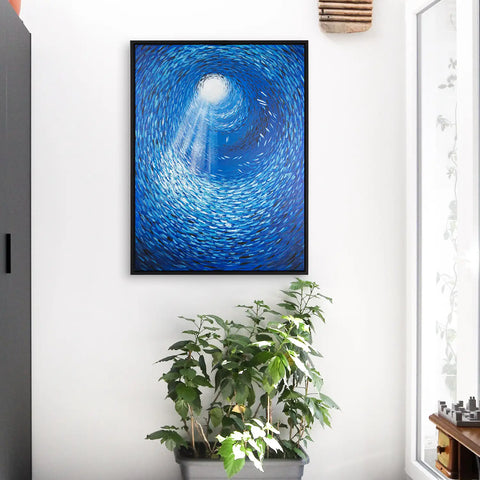 Leinwandbild handgemalt mit Acrylfarbe und Strukturpaste im Hochformat, Tiefen der Stille, 120x160 mit Bilderrahmen in Eiche Hell