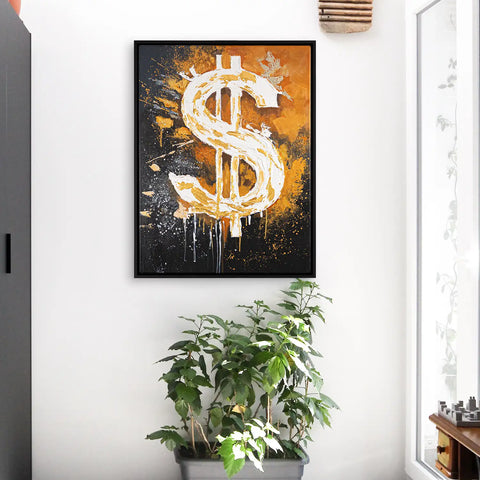 Leinwandbild handgemalt mit Acrylfarbe und Strukturpaste im Hochformat, Dollar, 120x160 mit Bilderrahmen in Eiche Hell
