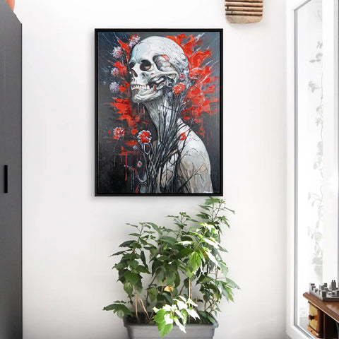 Leinwandbild handgemalt mit Acrylfarbe und Strukturpaste im Hochformat, Wo das Fleisch verstummt, 120x160 mit Bilderrahmen in Eiche Hell