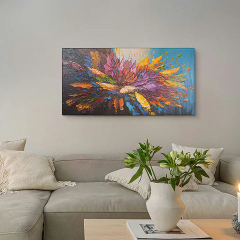 Leinwandbild handgemalt mit Acrylfarbe und Strukturpaste im Panorama, Tanz der Farben, 50x100 mit Bilderrahmen in Eiche Dunkel