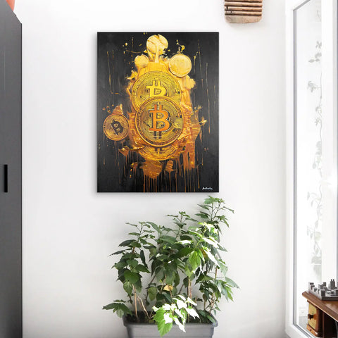 Leinwandbild handgemalt mit Acrylfarbe und Strukturpaste im Hochformat, Goldene Illusionen, 60x80 mit Bilderrahmen in Eiche Dunkel