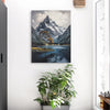 Leinwandbild handgemalt mit Acrylfarbe und Strukturpaste im Hochformat, Zwischen Berg und See, 60x80 mit Bilderrahmen in Eiche Dunkel