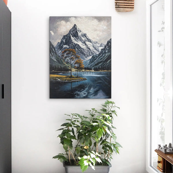 Leinwandbild handgemalt mit Acrylfarbe und Strukturpaste im Hochformat, Zwischen Berg und See, 60x80 mit Bilderrahmen in Eiche Dunkel