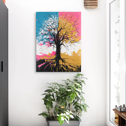 Leinwandbild handgemalt mit Acrylfarbe und Strukturpaste im Hochformat, Chromatischer Wipfel, 60x80 mit Bilderrahmen in Eiche Dunkel