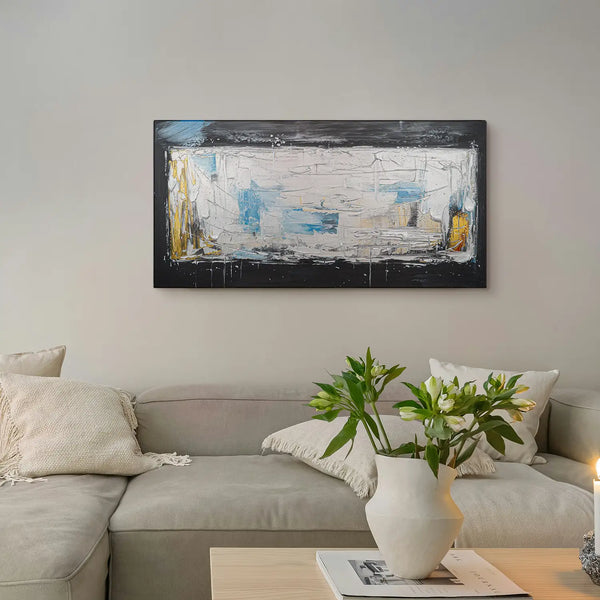 Leinwandbild handgemalt Gemälde mit Acrylfarbe und Strukturpaste im Panorama, Ewige Praesenz, 100x50 mit Bilderrahmen in Eiche Dunkel