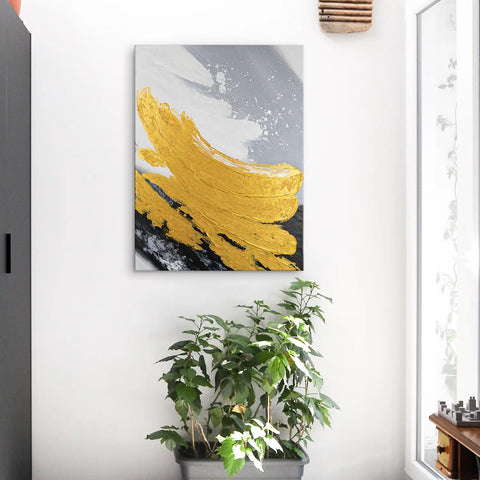 Leinwandbild handgemalt mit Acrylfarbe und Strukturpaste im Hochformat, Goldene Reflexionen, 60x80 mit Bilderrahmen in Eiche Dunkel