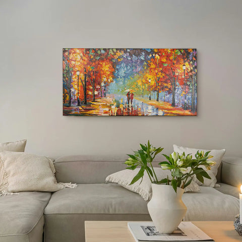 Leinwandbild handgemalt mit Acrylfarbe und Strukturpaste im Panorama, Der Weg des Lichts, 50x100 mit Bilderrahmen in Eiche Dunkel