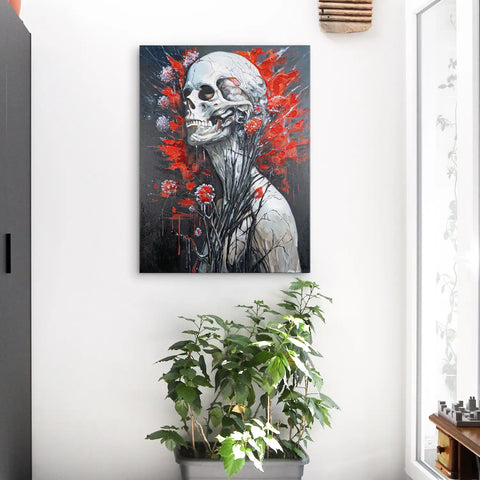 Leinwandbild handgemalt mit Acrylfarbe und Strukturpaste im Hochformat, Wo das Fleisch verstummt, 60x80 mit Bilderrahmen in Eiche Dunkel