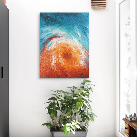 Leinwandbild handgemalt mit Acrylfarbe und Strukturpaste im Hochformat, Im Wirbel der Zeit, 60x80 mit Bilderrahmen in Eiche Dunkel