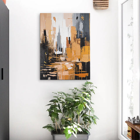 Leinwandbild handgemalt mit Acrylfarbe und Strukturpaste im Hochformat, Skyscraper, 60x80 mit Bilderrahmen in Eiche Dunkel