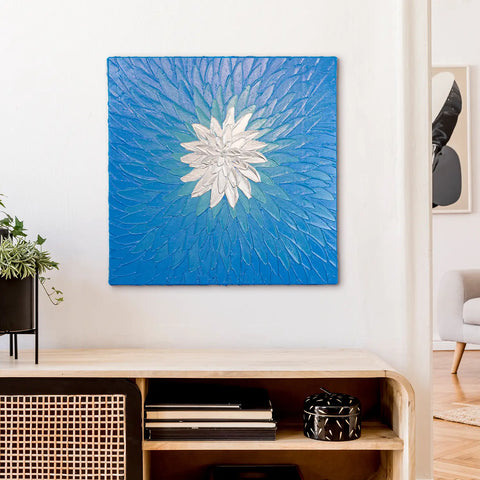 Leinwandbild handgemalt mit Acrylfarbe und Strukturpaste im Quadratisch, Geist der Freiheit, 60x60 mit Bilderrahmen in Eiche Dunkel