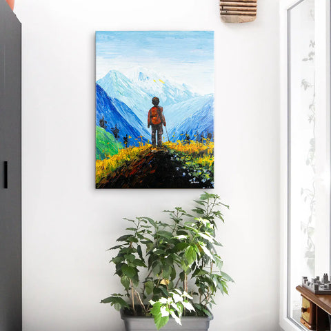 Leinwandbild handgemalt mit Acrylfarbe und Strukturpaste im Hochformat, Die Reise, 60x80 mit Bilderrahmen in Eiche Dunkel