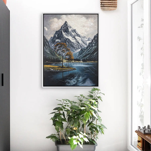 Leinwandbild handgemalt mit Acrylfarbe und Strukturpaste im Hochformat, Zwischen Berg und See, 90x120 mit Bilderrahmen in Weiß