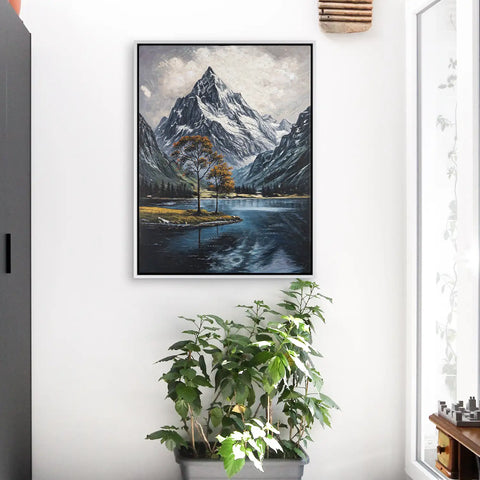 Leinwandbild handgemalt mit Acrylfarbe und Strukturpaste im Hochformat, Zwischen Berg und See, 90x120 mit Bilderrahmen in Weiß