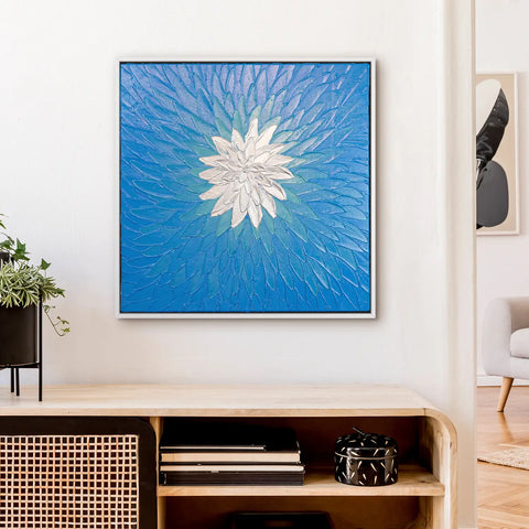 Leinwandbild handgemalt mit Acrylfarbe und Strukturpaste im Quadratisch, Geist der Freiheit, 100x100 mit Bilderrahmen in Weiß