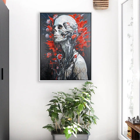 Leinwandbild handgemalt mit Acrylfarbe und Strukturpaste im Hochformat, Wo das Fleisch verstummt, 90x120 mit Bilderrahmen in Weiß