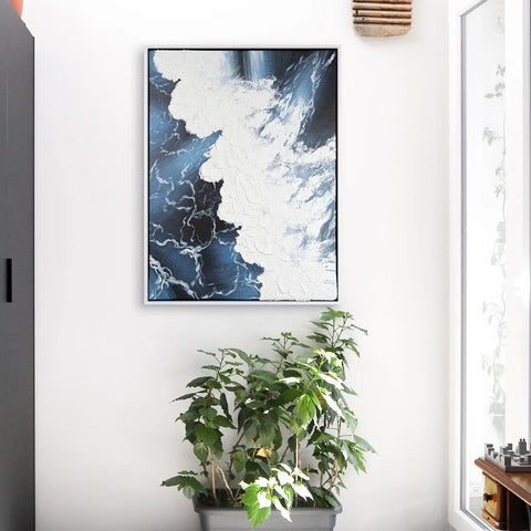 Leinwandbild handgemalt mit Acrylfarbe und Strukturpaste im Hochformat, Wellen des Seins, 90x120 mit Bilderrahmen in Weiß