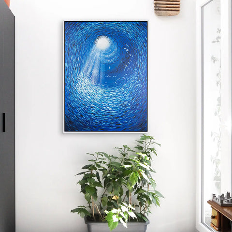 Leinwandbild handgemalt mit Acrylfarbe und Strukturpaste im Hochformat, Tiefen der Stille, 90x120 mit Bilderrahmen in Weiß