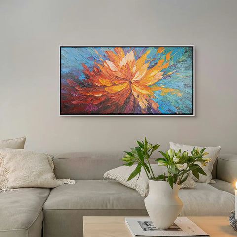 Leinwandbild handgemalt mit Acrylfarbe und Strukturpaste im Panorama, Balance im Chaos, 70x140 mit Bilderrahmen in Weiß