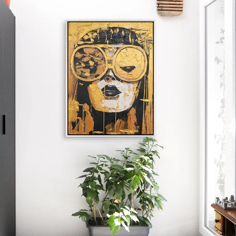 Leinwandbild handgemalt mit Acrylfarbe und Strukturpaste im Hochformat, Die Zukunft traegt Gold, 90x120 mit Bilderrahmen in Weiß