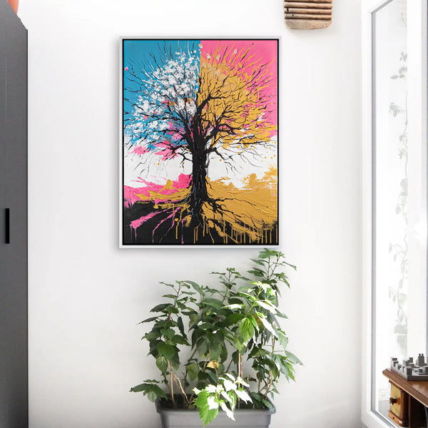 Leinwandbild handgemalt mit Acrylfarbe und Strukturpaste im Hochformat, Chromatischer Wipfel, 90x120 mit Bilderrahmen in Weiß