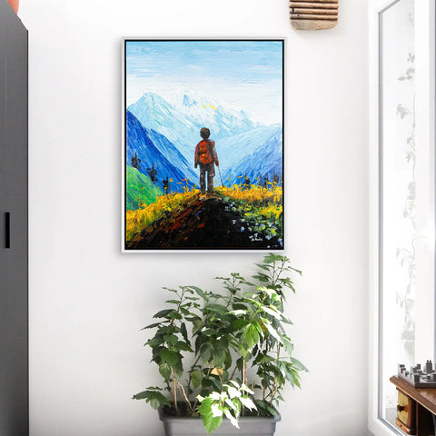 Leinwandbild handgemalt mit Acrylfarbe und Strukturpaste im Hochformat, Die Reise, 90x120 mit Bilderrahmen in Weiß