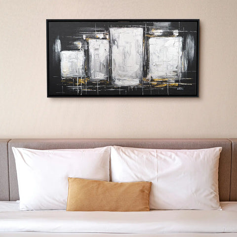 Leinwandbild handgemalt Gemälde mit Acrylfarbe und Strukturpaste im Panorama, Dunkle Eleganz, 200x100 ohne Rahmen