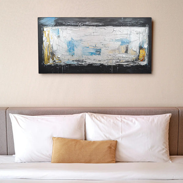 Leinwandbild handgemalt Gemälde mit Acrylfarbe und Strukturpaste im Panorama, Ewige Praesenz, 100x50 mit Bilderrahmen in Eiche Hell