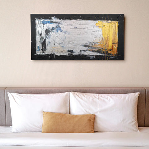 Leinwandbild handgemalt Gemälde mit Acrylfarbe und Strukturpaste im Panorama, Verschmelzen der Elemente, 100x50 mit Bilderrahmen in Eiche Hell