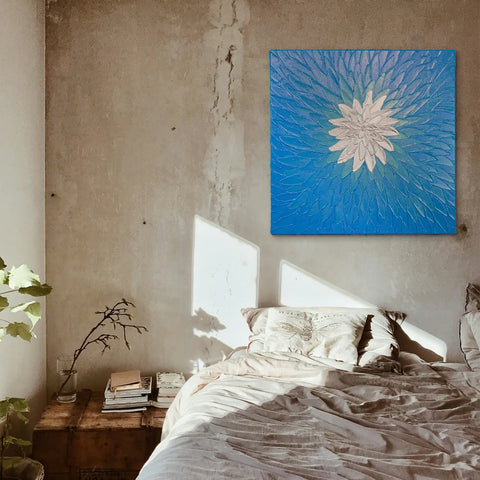 Leinwandbild handgemalt mit Acrylfarbe und Strukturpaste im Quadratisch, Geist der Freiheit, 60x60 mit Bilderrahmen in Eiche Hell