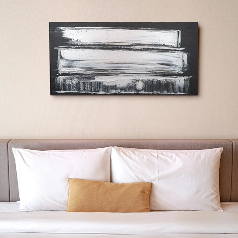 Leinwandbild handgemalt Gemälde mit Acrylfarbe und Strukturpaste im Panorama, Klang des Metalls, 100x50 mit Bilderrahmen in Eiche Hell