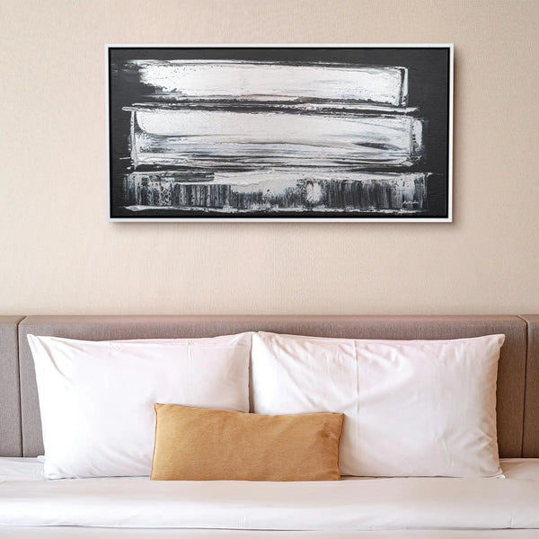 Leinwandbild handgemalt Gemälde mit Acrylfarbe und Strukturpaste im Panorama, Klang des Metalls, 140x70 mit Bilderrahmen in Schwarz