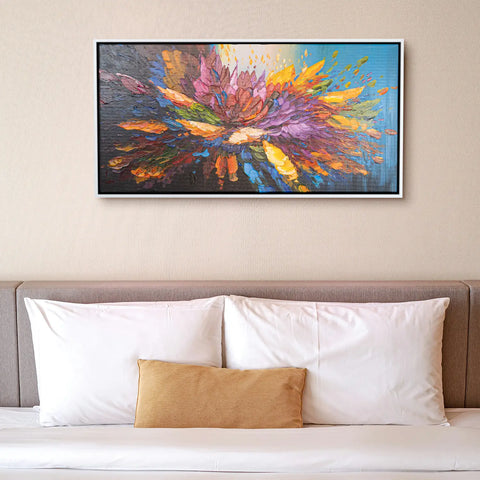 Leinwandbild handgemalt mit Acrylfarbe und Strukturpaste im Panorama, Tanz der Farben, 70x140 mit Bilderrahmen in Schwarz
