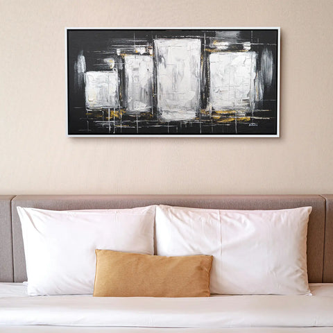 Leinwandbild handgemalt Gemälde mit Acrylfarbe und Strukturpaste im Panorama, Dunkle Eleganz, 140x70 mit Bilderrahmen in Schwarz