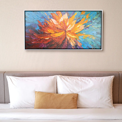Leinwandbild handgemalt mit Acrylfarbe und Strukturpaste im Panorama, Balance im Chaos, 70x140 mit Bilderrahmen in Schwarz