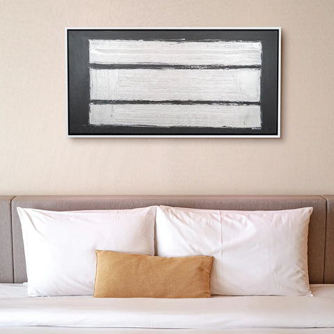 Leinwandbild handgemalt Gemälde mit Acrylfarbe und Strukturpaste im Panorama, Reflexion, 140x70 mit Bilderrahmen in Schwarz