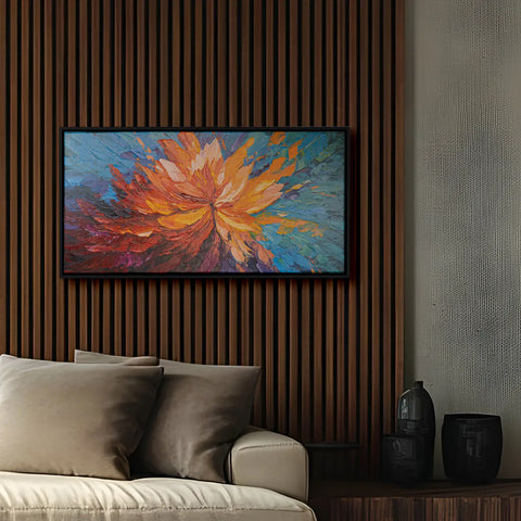 Leinwandbild handgemalt mit Acrylfarbe und Strukturpaste im Panorama, Balance im Chaos, 100x200 mit Bilderrahmen in Weiß