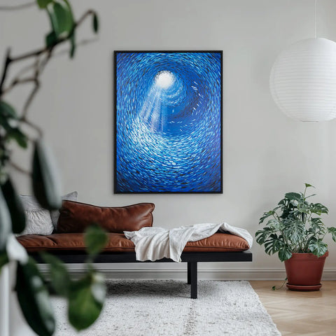 Leinwandbild handgemalt mit Acrylfarbe und Strukturpaste im Hochformat, Tiefen der Stille, 150x200 mit Bilderrahmen in Weiß