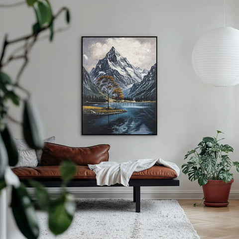 Leinwandbild handgemalt mit Acrylfarbe und Strukturpaste im Hochformat, Zwischen Berg und See, 150x200 mit Bilderrahmen in Weiß