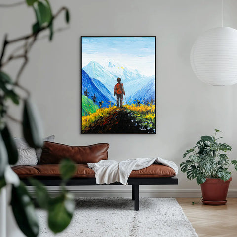 Leinwandbild handgemalt mit Acrylfarbe und Strukturpaste im Hochformat, Die Reise, 150x200 mit Bilderrahmen in Weiß