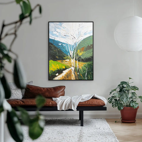 Leinwandbild handgemalt mit Acrylfarbe und Strukturpaste im Hochformat, fruehlingserwachen, 150x200 mit Bilderrahmen in Weiß