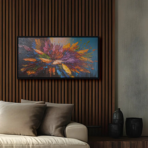 Leinwandbild handgemalt mit Acrylfarbe und Strukturpaste im Panorama, Tanz der Farben, 100x200 mit Bilderrahmen in Weiß