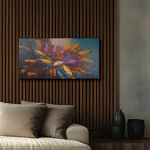 Leinwandbild handgemalt mit Acrylfarbe und Strukturpaste im Panorama, Tanz der Farben, 60x120 ohne Rahmen