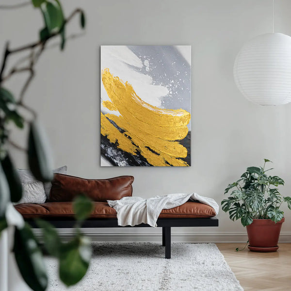 Leinwandbild handgemalt mit Acrylfarbe und Strukturpaste im Hochformat, Goldene Reflexionen, 75x100 ohne Rahmen