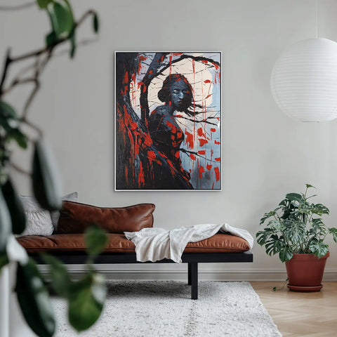 Leinwandbild handgemalt mit Acrylfarbe und Strukturpaste im Hochformat, Schwarze Phytomorphe, 90x120 mit Bilderrahmen in Eiche Dunkel