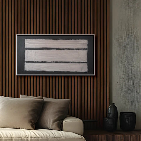 Leinwandbild handgemalt Gemälde mit Acrylfarbe und Strukturpaste im Panorama, Reflexion, 140x70 mit Bilderrahmen in Eiche Dunkel