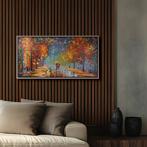 Leinwandbild handgemalt mit Acrylfarbe und Strukturpaste im Panorama, Der Weg des Lichts, 70x140 mit Bilderrahmen in Eiche Dunkel