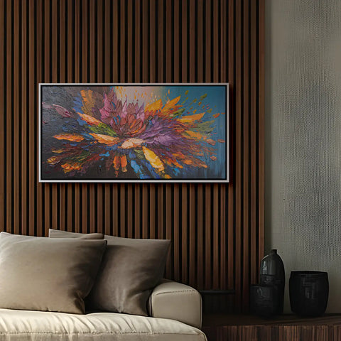 Leinwandbild handgemalt mit Acrylfarbe und Strukturpaste im Panorama, Tanz der Farben, 70x140 mit Bilderrahmen in Eiche Dunkel